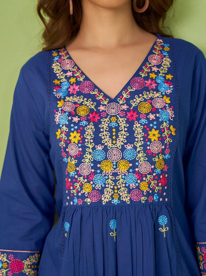 Women Floral Embroidered Cotton Kurta with Trousers & Dupatta