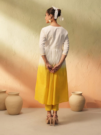 Dhiyona IS Women's Yellow Ombre Dyed Angrakha Pure Cotton Anarkali Kurta With Trousers