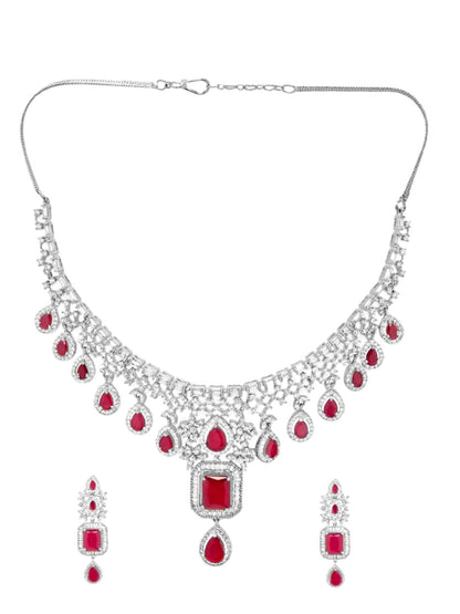 Dhiyona RJ Women's Rhodium-Plated Ruby Pink & White Cubic Zirconia Handcrafted Premium Jewellery Set