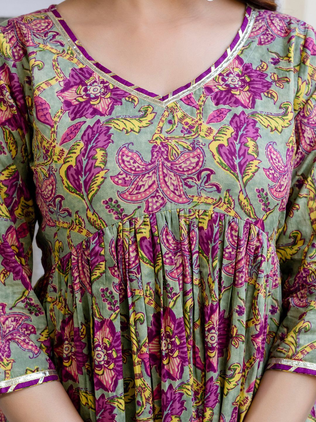 Floral Printed Empire Pure Cotton A-Line Kurta With Trousers & Dupatta