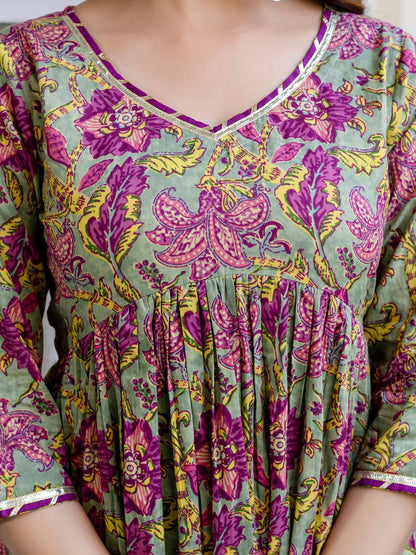 Floral Printed Empire Pure Cotton A-Line Kurta With Trousers & Dupatta