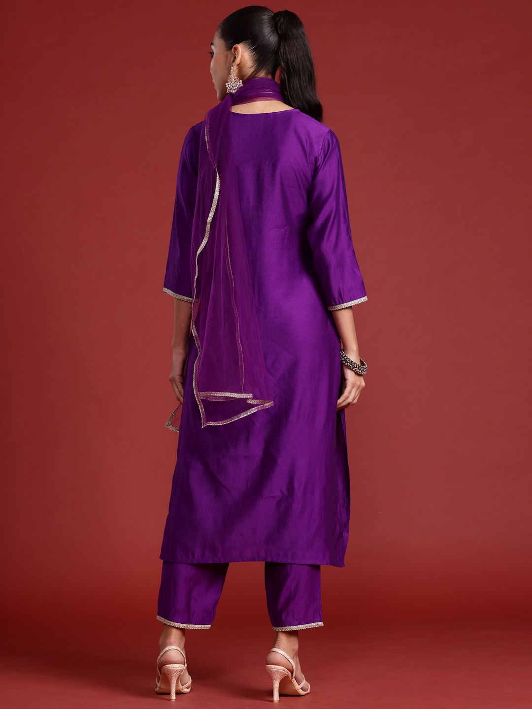 Ethnic Motifs Yoke Design Sequinned Liva Kurta With Trousers & Dupatta