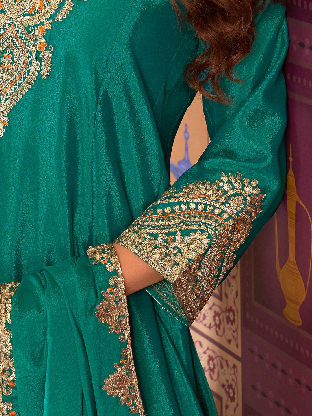 Floral Embroidered Sequinned Chinon A-Line Kurta With Palazzos & Dupatta