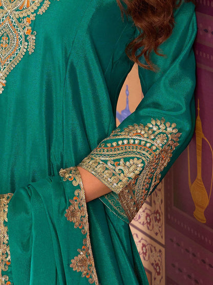 Floral Embroidered Sequinned Chinon A-Line Kurta With Palazzos & Dupatta