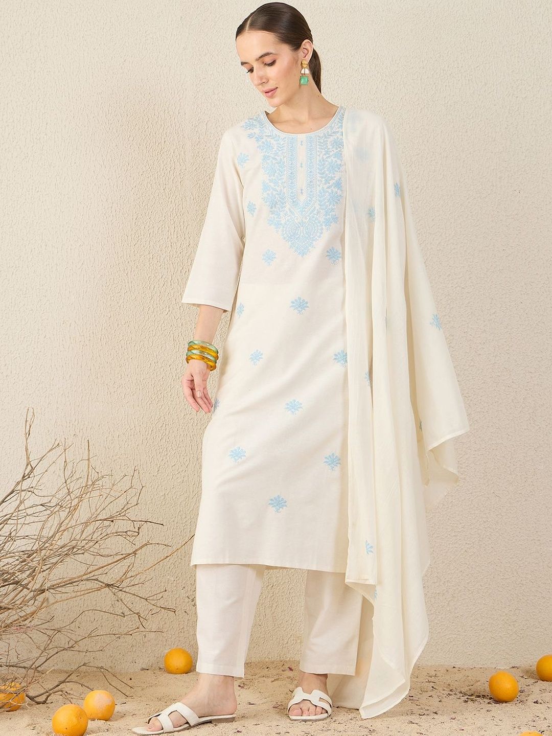 Women Floral Embroidered Cotton Kurta with Trousers & Dupatta