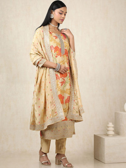 Dhiyona SO Women's Floral Botanical Printed Notch Neck Sequinned Tissue Kurta With Trousers & Dupatta