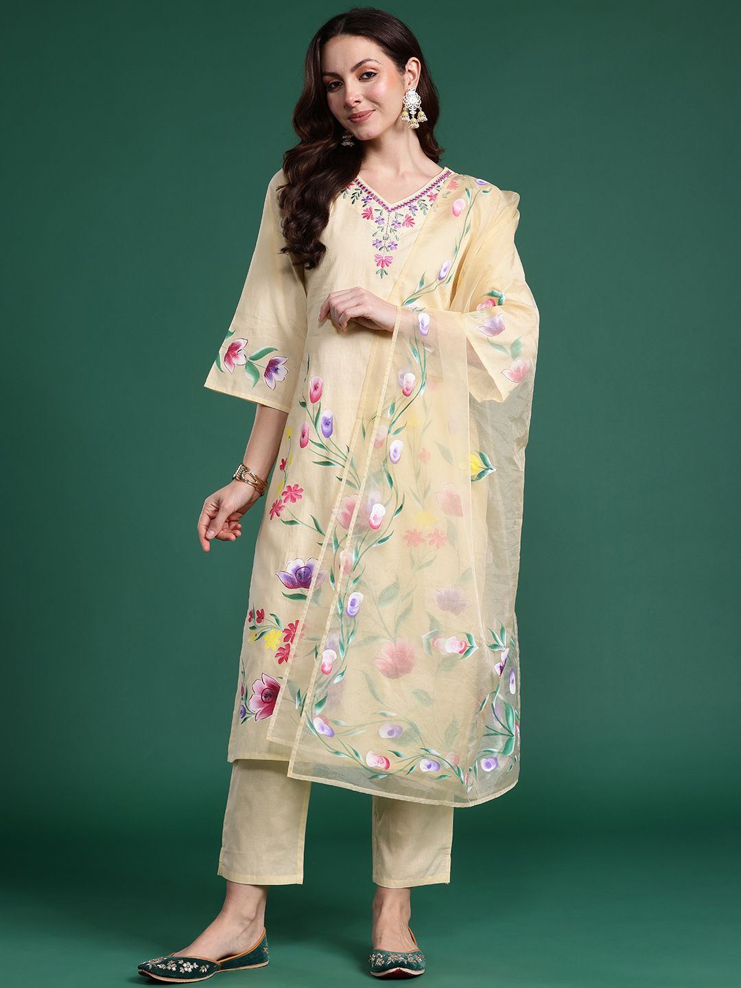 Floral Embroidered Pure Cotton Kurta with Trousers & Dupatta