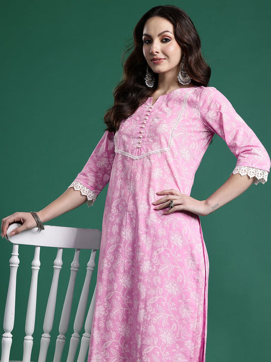 Dhiyona IE Women Floral Printed Regular Pure Cotton Kurta with Trousers