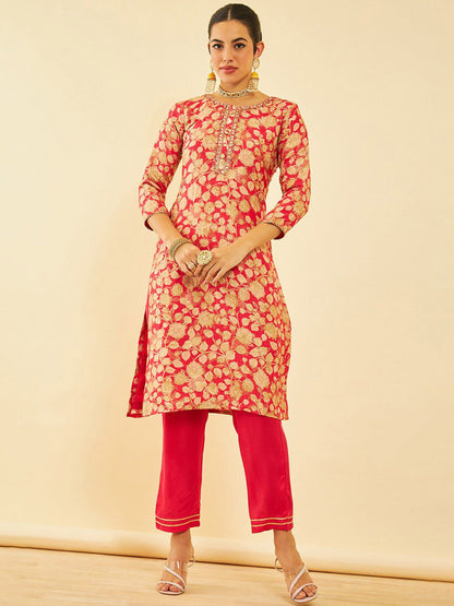 Dhiyona SO Women's Floral Printed Regular Mirror Work Kurta with Trousers & Dupatta