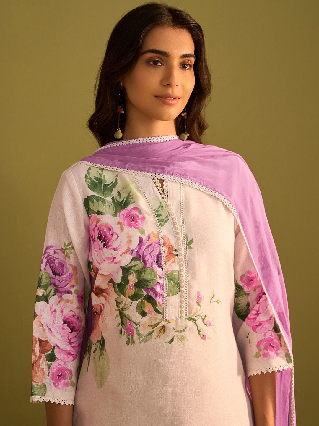 Dhiyona IE Floral Printed V-Neck Linen Straight Kurta With Trousers & Dupatta