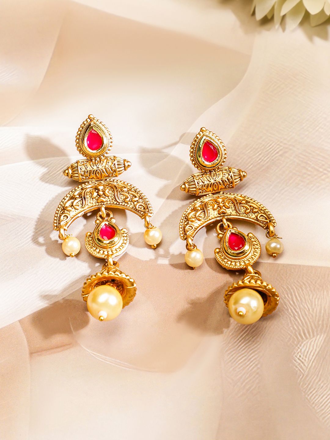 Dhiyona RJ Women's 18K Gold-Plated Red & White Stones Faux Pearl Multistarnd Temple Jewellery Set