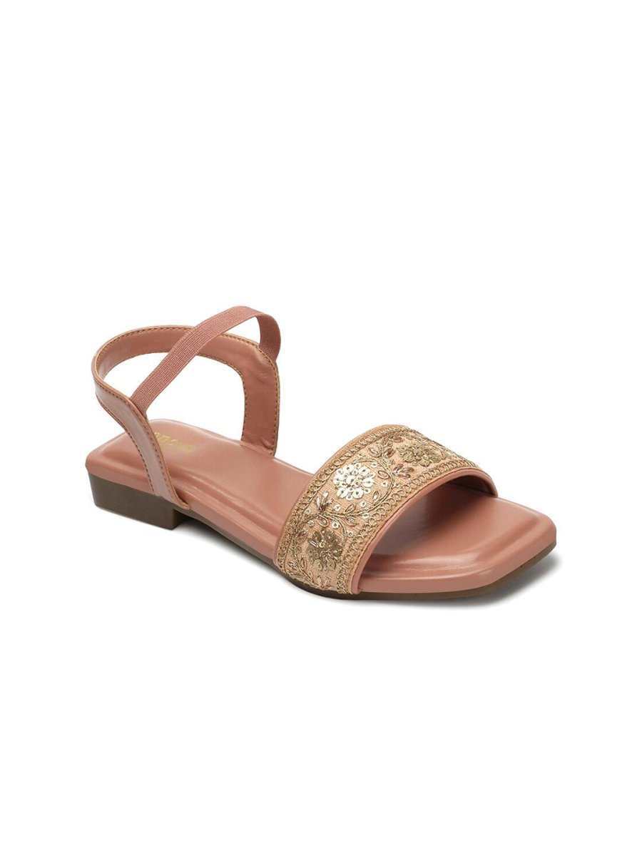 Dhiyona AK Pink & Gold-Toned Embroidered Open Toe Flats