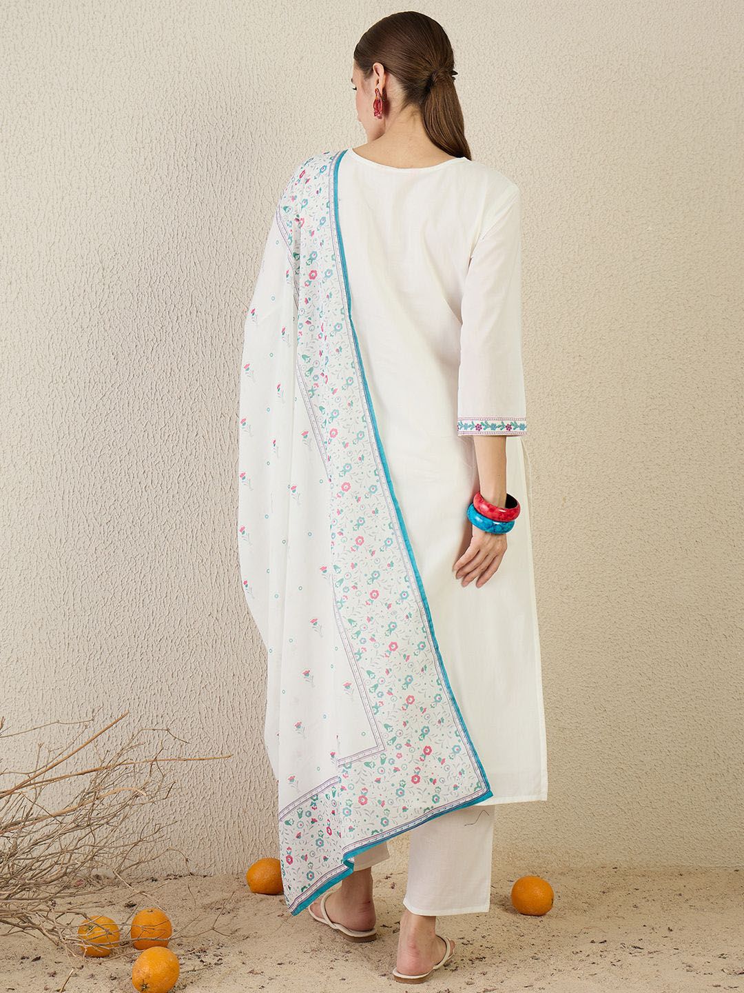 Women Floral Embroidered Cotton Kurta with Trousers & Dupatta