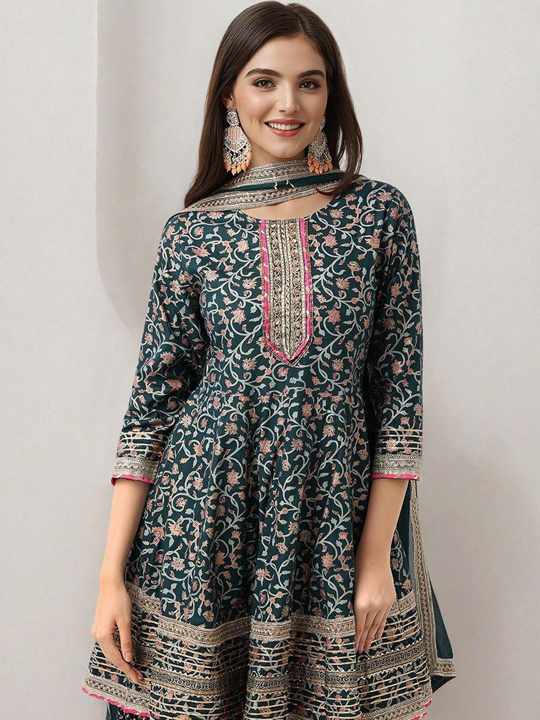 Dhiyona IS Women's Floral Printed Gotta Patti Pure Cotton Anarkali Kurta With Sharara & Dupatta