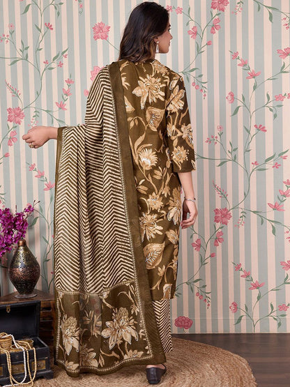 Dhiyona OD  Floral Printed Regular Pure Cotton Kurta with Trousers & Dupatta