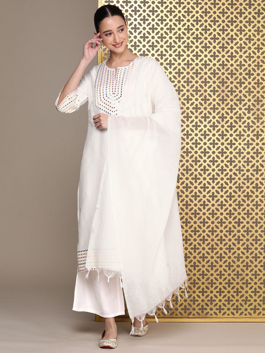 Dhiyona PD Women Embroidered Beads and Stones Jashn Kurta with Palazzos & Dupatta