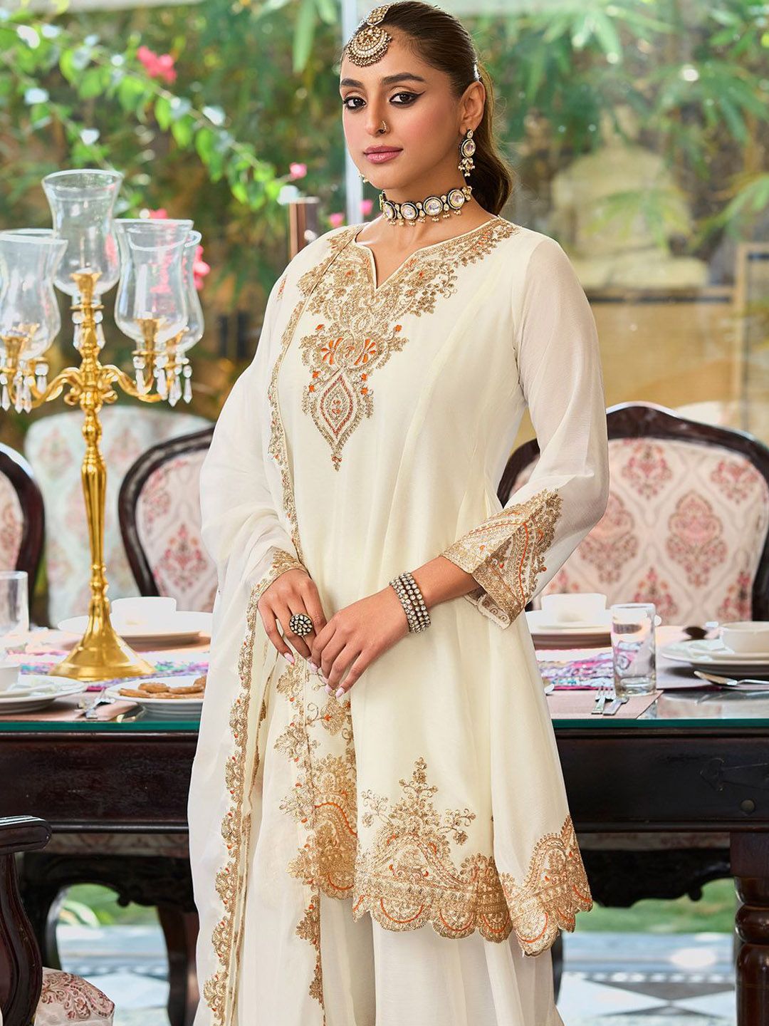 Ethnic Motifs Embroidered Sequinned Straight Kurta With Palazzos & Dupatta