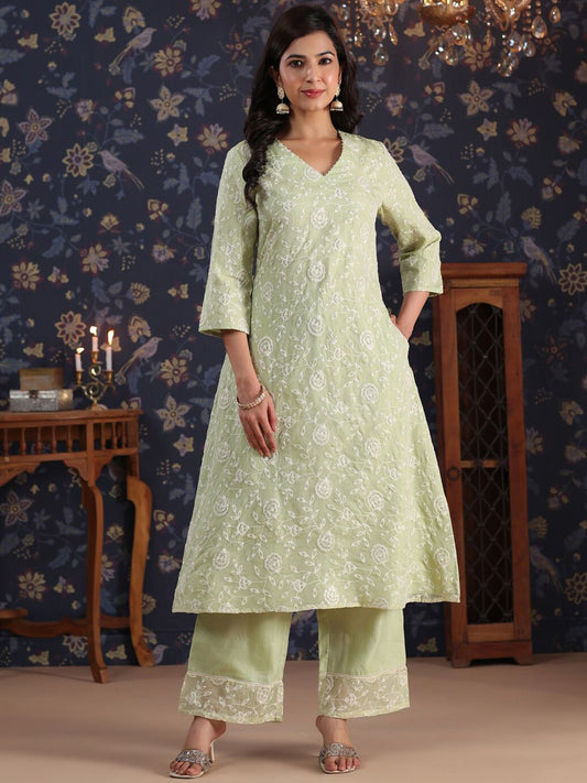Dhiyona PD Women Ethnic Floral Embroidered Sequined A-Line Kurta With Palazzos