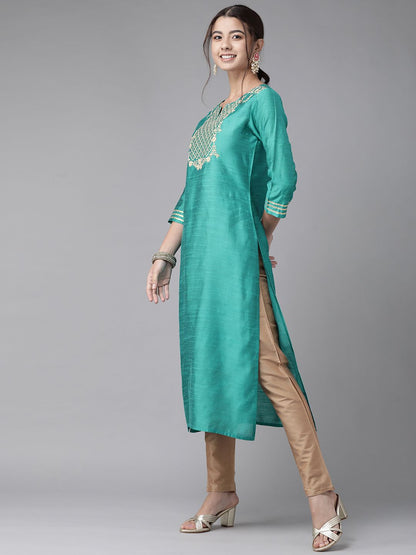 Dhiyona IE Women Sea Green Yoke Design Thread Work Floral Chanderi Silk Chanderi Silk Kurta