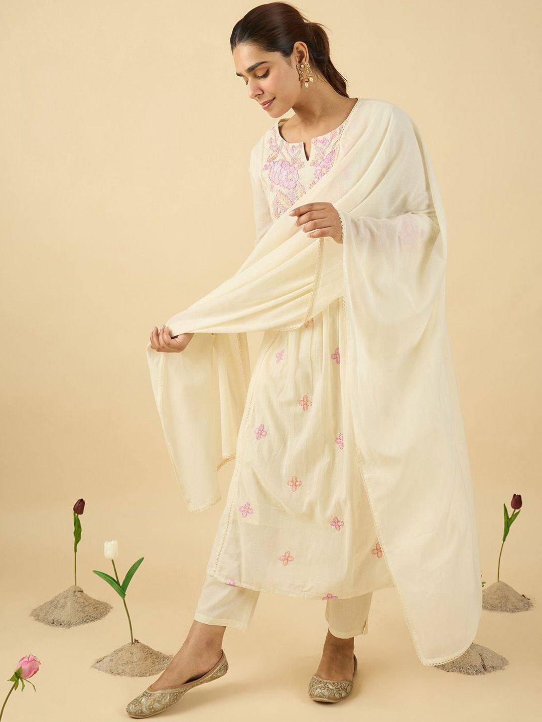Floral Embroidered Notch Neck Pure Cotton A-Line Kurta & Trousers With Dupatta