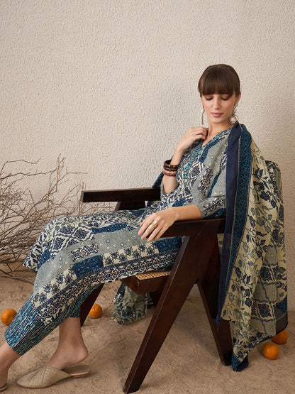 Women Floral Printed Regular Pure Cotton Kurta with Trousers & With Dupatta