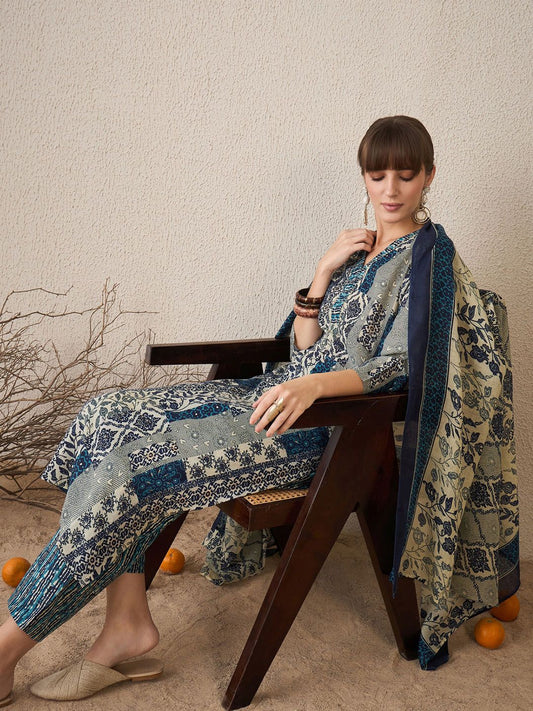 Women Floral Printed Regular Pure Cotton Kurta with Trousers & With Dupatta