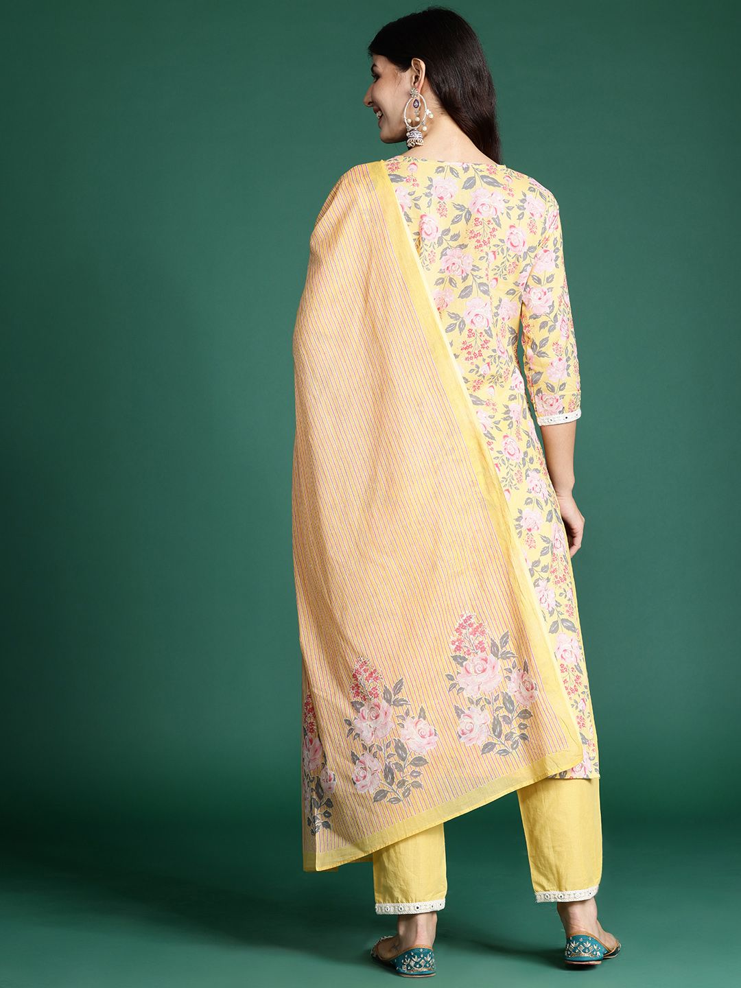 Dhiyona IE Floral Printed Thread Work Pure Cotton Kurta with Trousers & Dupatta