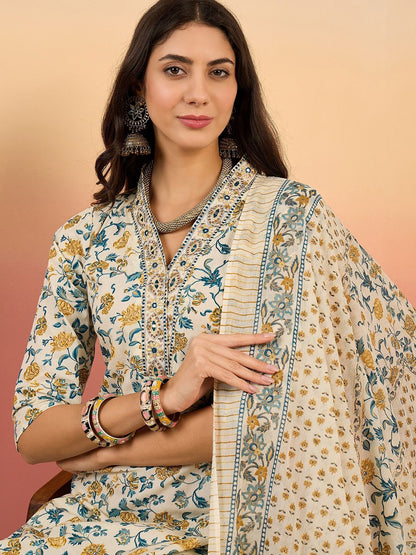 Dhiyona SN Women's Floral Printed Pure Cotton V Neck Kurta With Trousers & Dupatta