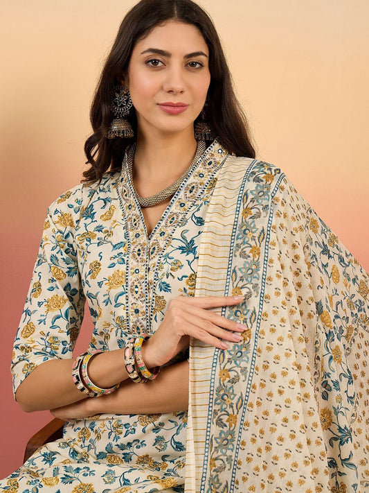 Dhiyona SN Women's Floral Printed Pure Cotton V Neck Kurta With Trousers & Dupatta