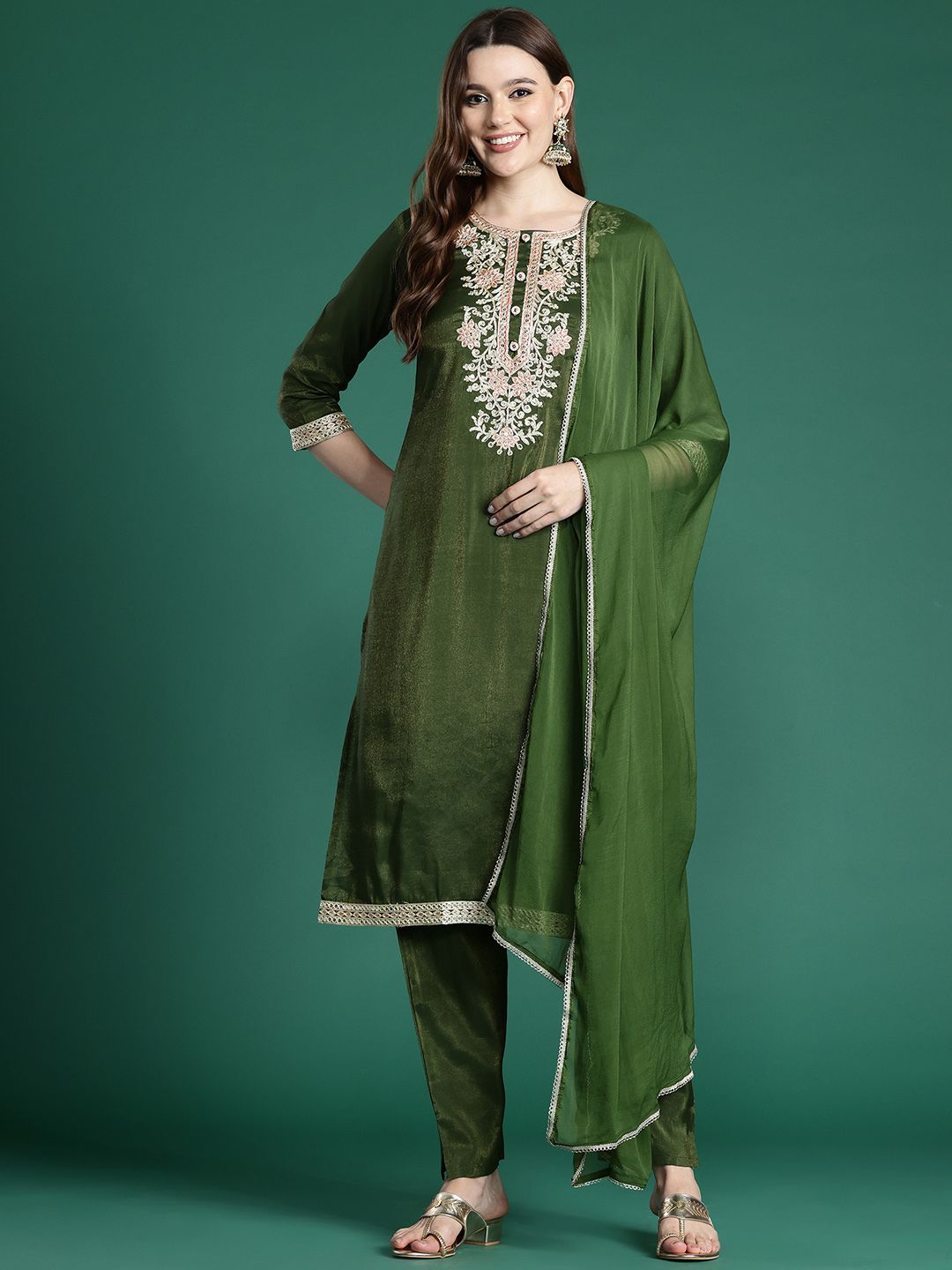 Ethnic Motifs Embroidered Kurta with Trousers & With Dupatta