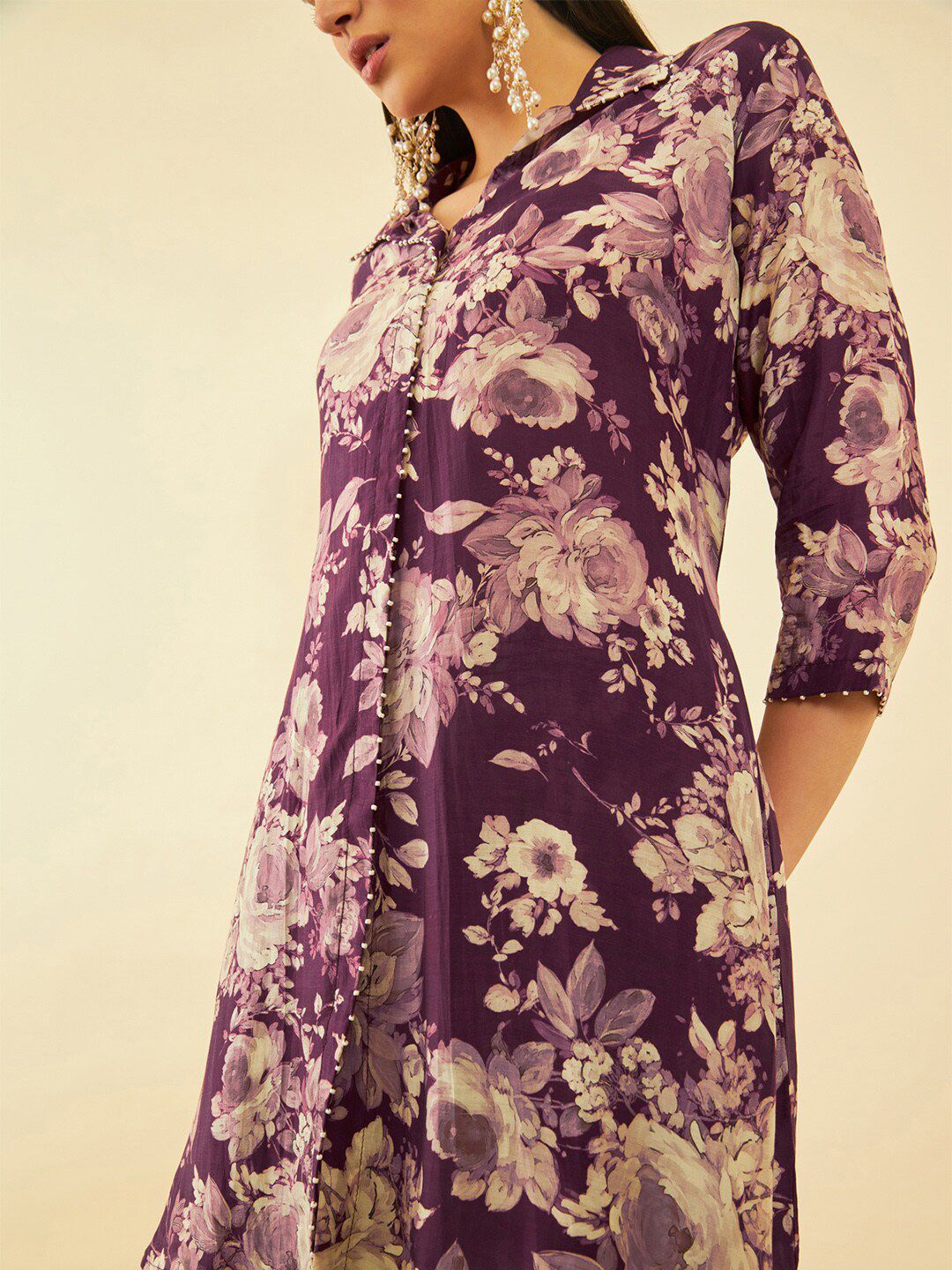 Dhiyona SO Women's Floral Printed High-Low Regular Kurta with Trousers