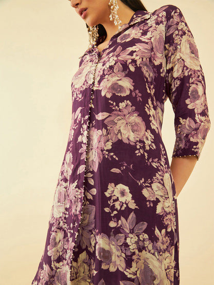 Dhiyona SO Women's Floral Printed High-Low Regular Kurta with Trousers