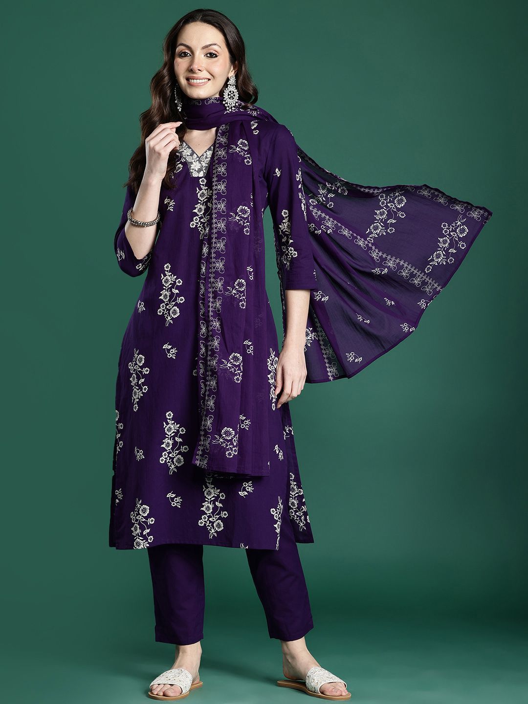 Floral Printed Pure Cotton Kurta with Trousers & Dupatta