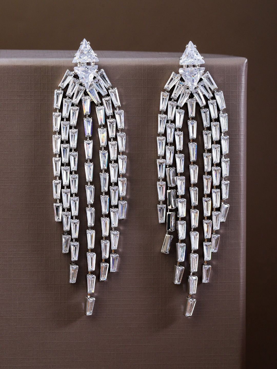 Dhiyona RJ Women's Rhodium Plated Cubic Zirconia Studded Multi Strand Drop Earrings