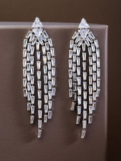 Dhiyona RJ Women's Rhodium Plated Cubic Zirconia Studded Multi Strand Drop Earrings