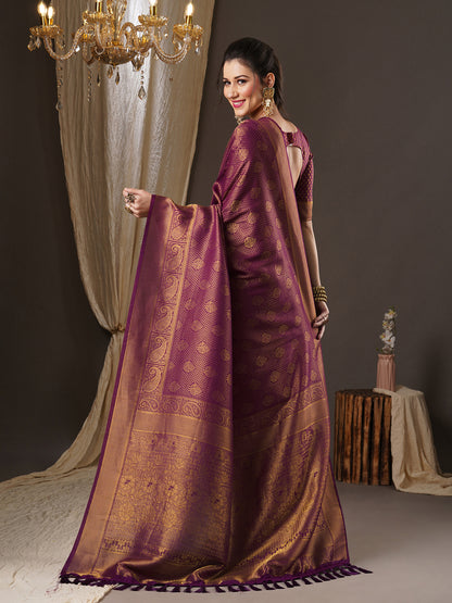 Women's Georgette Purple Woven Design Woven saree With Blouse Piece