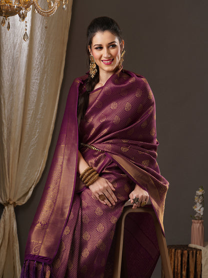 Women's Georgette Purple Woven Design Woven saree With Blouse Piece