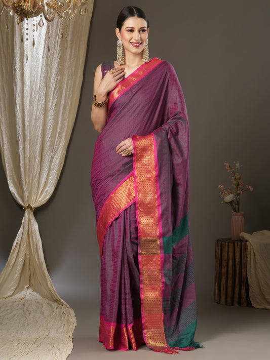 Women's Aura Silk Burgundy Woven Design Designer Saree With Blouse Piece