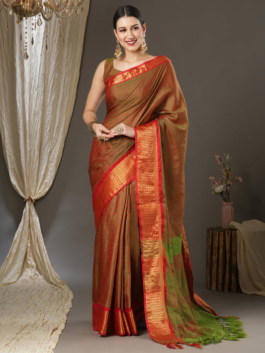 Women's Aura Silk Orange Woven Design Designer Saree With Blouse Piece