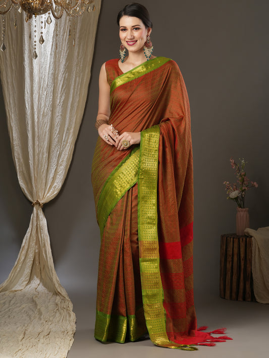 Women's Aura Silk Rust Woven Design Designer Saree With Blouse Piece