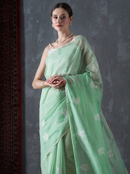 Women's Cotton Blend Green Embroidered Designer Saree With Blouse Piece