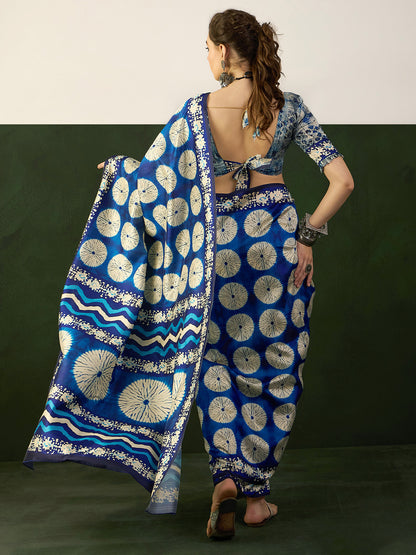 Women's Bhagalpuri Silk Blue Printed Designer Saree With Blouse Piece