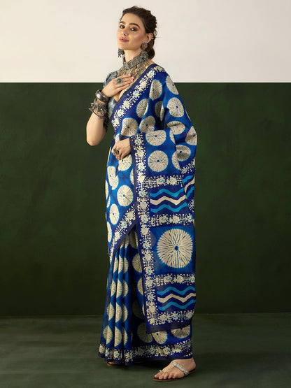 Women's Bhagalpuri Silk Blue Printed Designer Saree With Blouse Piece
