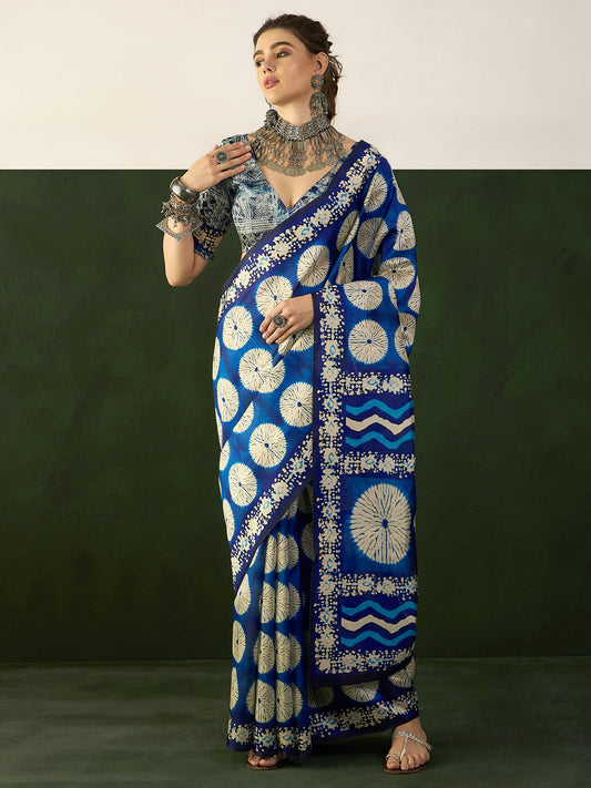 Women's Bhagalpuri Silk Blue Printed Designer Saree With Blouse Piece