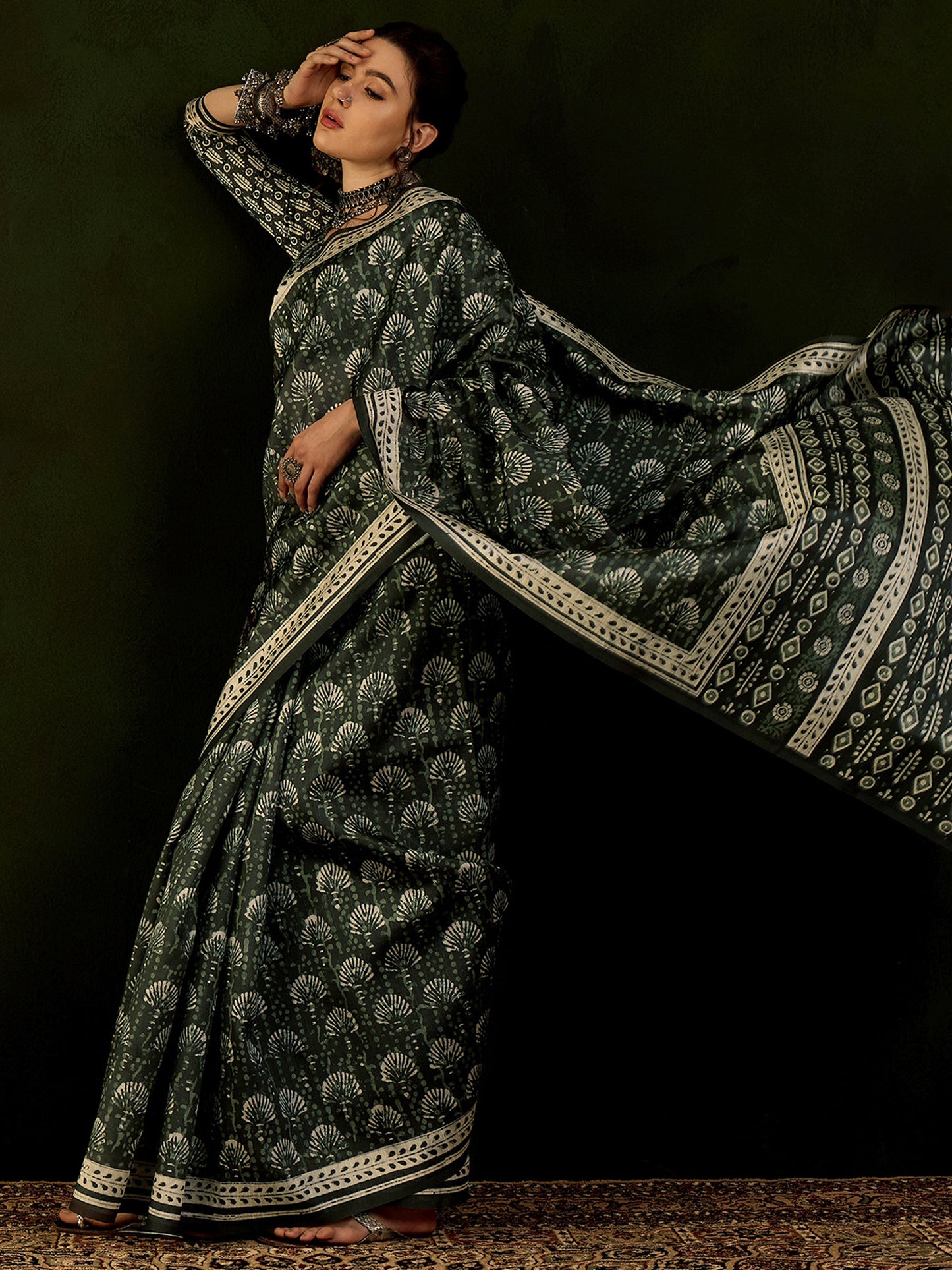 Women's Bhagalpuri Silk Dark Green Printed Designer Saree With Blouse Piece