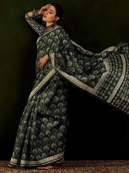 Women's Bhagalpuri Silk Dark Green Printed Designer Saree With Blouse Piece