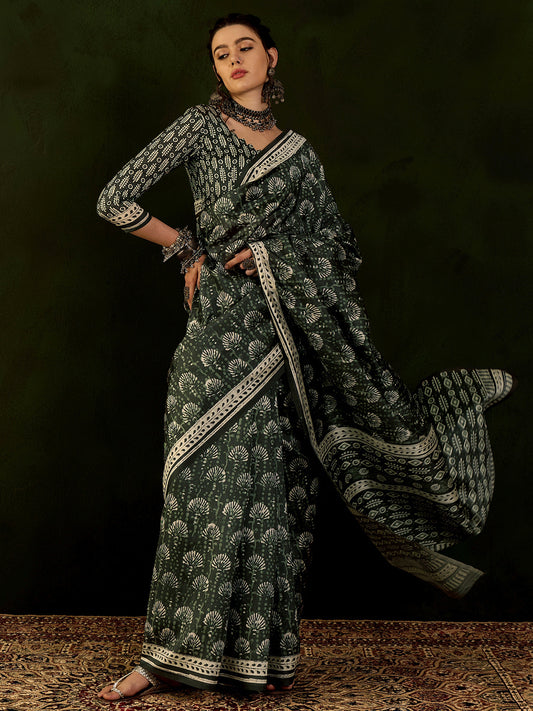 Women's Bhagalpuri Silk Dark Green Printed Designer Saree With Blouse Piece