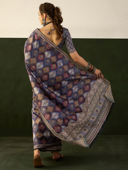 Women's Bhagalpuri Silk Violet Printed Designer Saree With Blouse Piece