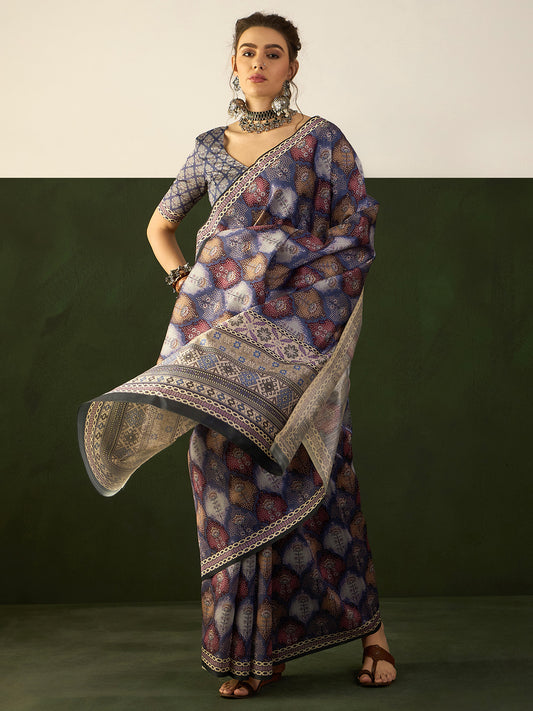Women's Bhagalpuri Silk Violet Printed Designer Saree With Blouse Piece