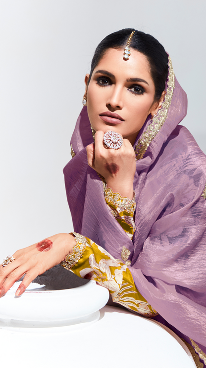 Dhiyona KM Women Purple Pure Tissue Silk Saree With Crushed Texture & Vibrant Yellow Blouse